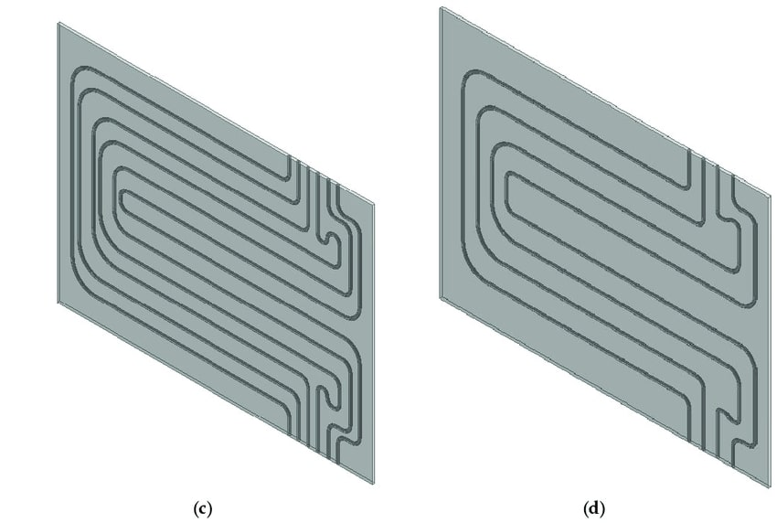 Cold plates with different numbers of cooling channels a 20 Li-Ion cell | source: "Cooling Performance Characteristics of 20 Ah Lithium-Ion Pouch Cell with Cold Plates along Both Surfaces", doi 10.3390/en11102550