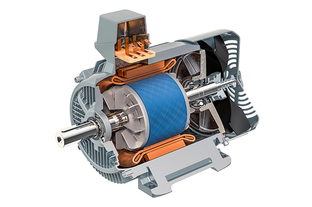 Cutaway view (protective housing partially removed to reveal internal components) of an electric motor converting electromagnetic energy into mechanical motion. Key components include start, rotor and winding coils.