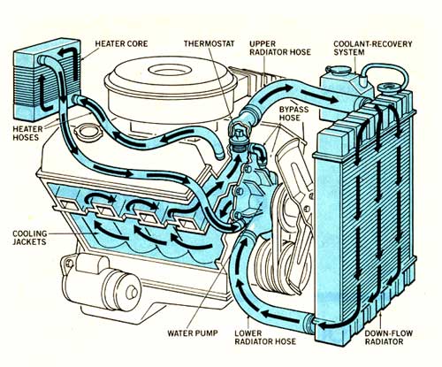 an ICE (internal combustion engine) cooling system with internal coolant flow  highlighted in blue, and air cooling of the radiator | crankshaftcoalition.com