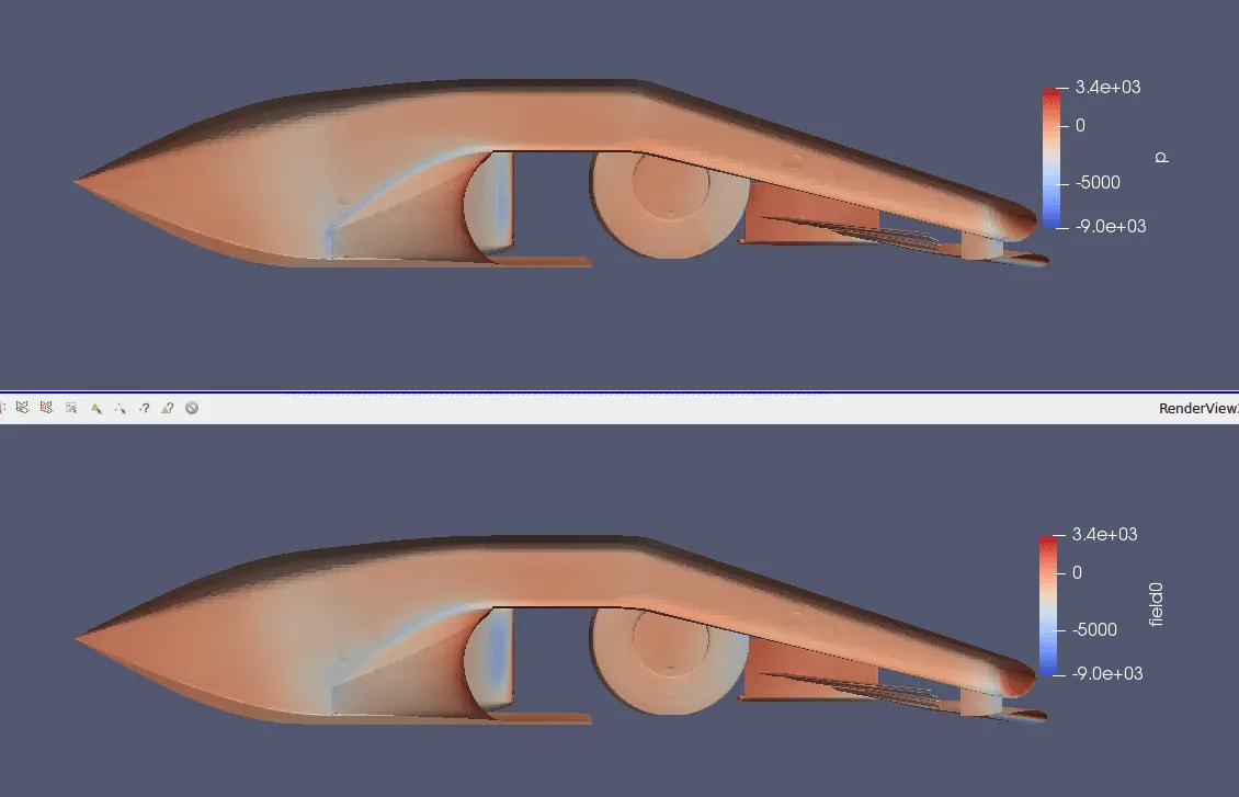 Comparison of pressure distribution on the surface between the ground truth (top) and neural network prediction (bottom) for one test sample