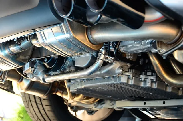 Traditional exhaust system components in the car underfloor (Porsche)