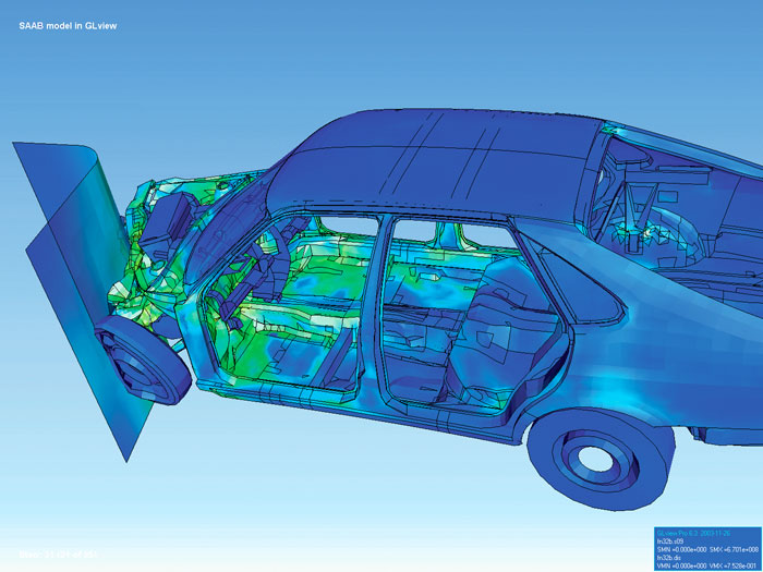  car deformation in a virtual crash using FEA (Wikipedia)