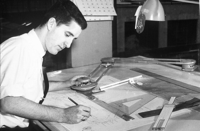 Manual drafting: engineer working on plans (Seattle Municipal Archives)