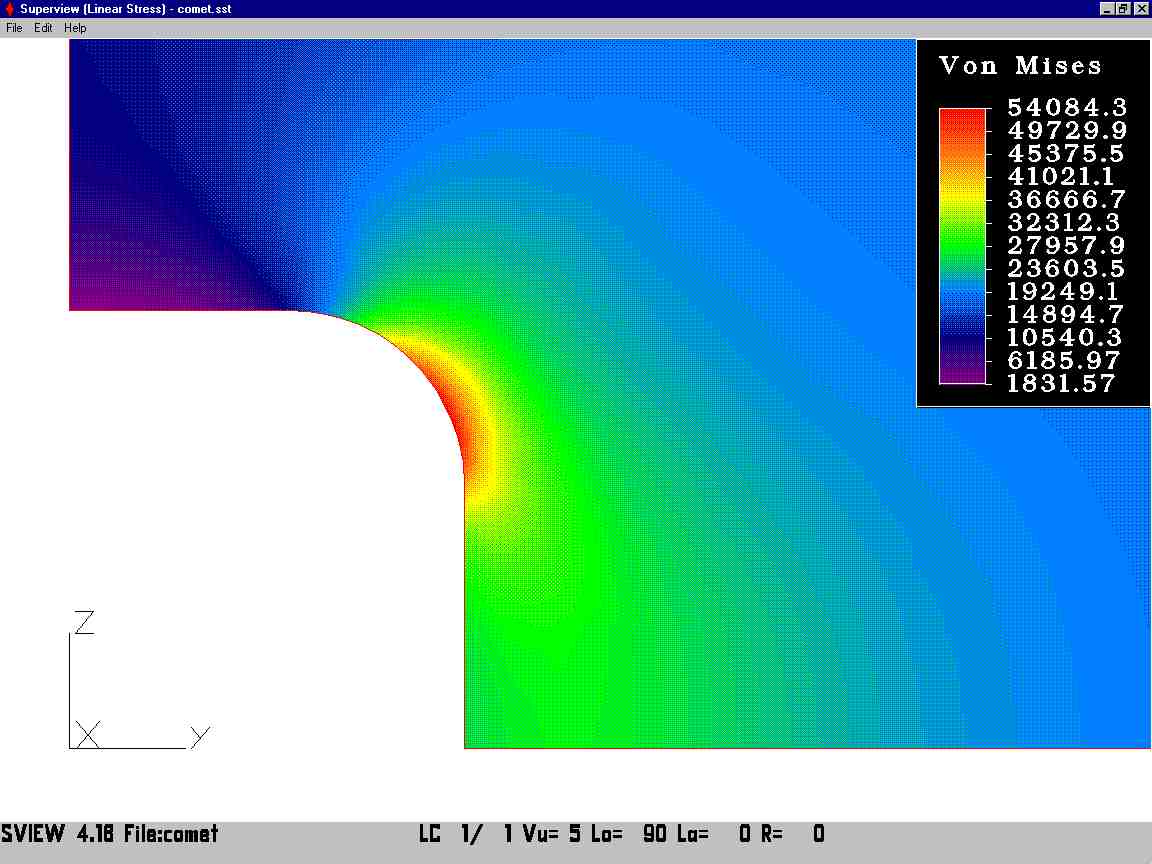 Color coded stress plot in a fuselage panel with window cutout