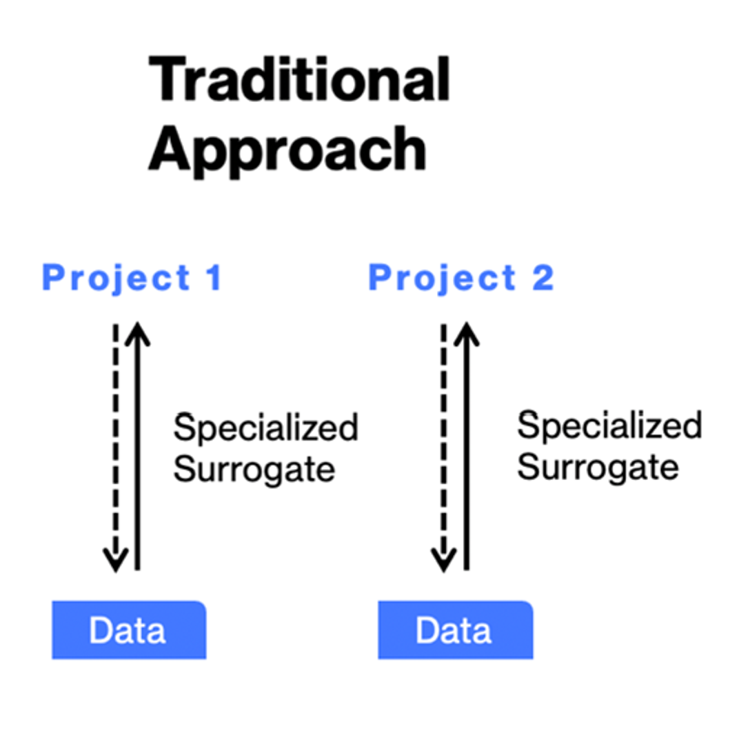 With a specialized surrogate (predictive model) for each single project, the outcome is a series of siloed surrogates.