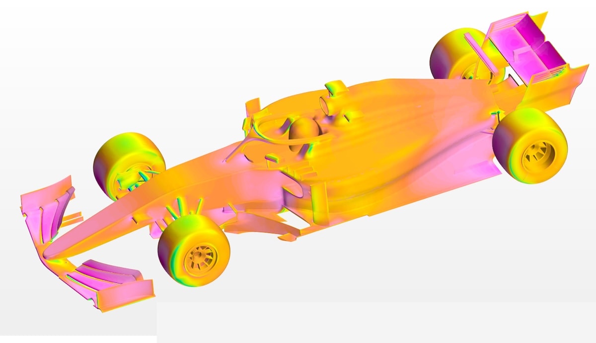 example of complex shape (F1 car) with computed pressure field via CFD | source f1enestadopuro.com CC BY-NC-ND 3.0