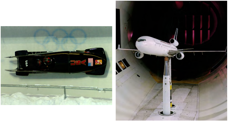  Left: Bobsleds are designed for speed and are shaped like a bullet with tapered fins. (credit: “U.S. Army”/Wikimedia Commons) Right: NASA researchers test a model plane in a wind tunnel. (credit: NASA/Ames).