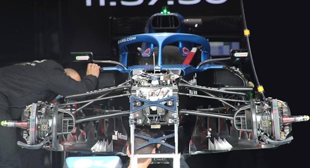 Front axle assembly of an F1 car with the bodywork removed | credits: formularace.it and brembo.com | CC BY-NC-ND 4.0