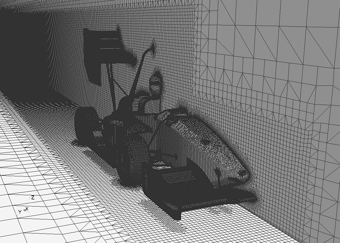 CFD mesh for a Formula Student car. Cells refine near aerodynamic surfaces and coarsen toward the domain boundaries | Source: P. Fernandez, The Answer is 27, 2017 | CC BY-SA 4.0