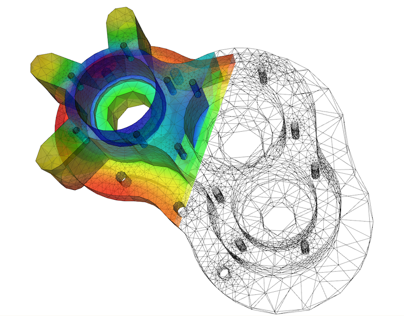 Heat distribution in a pump housing using the heat conduction equation. The 'finite elements' can be seen with the element edges as black lines | FEM software: Elmer | CC BY-SA 3.0