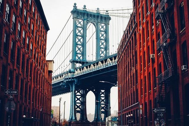 Suspension bridge showing compression in the tower and tension in the cables (Manhattan Bridge viewed from Washington Street, DUMBO, Brooklyn, New York)