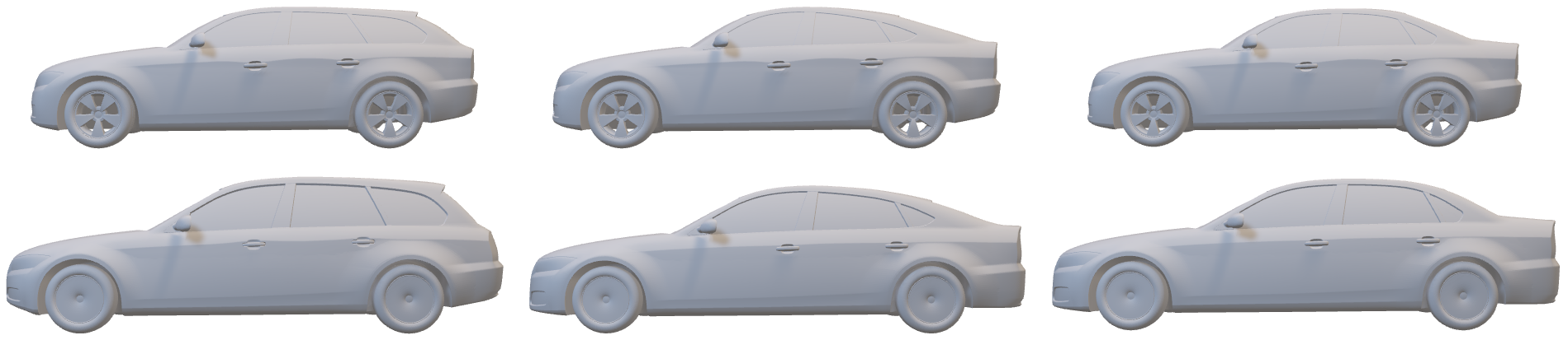 Variations of estateback, fastback, and notchback car designs from left to right, showcasing models with the smallest (top) to largest (bottom) volume | CC BY 4.0 arXiv:2406.09624v2
