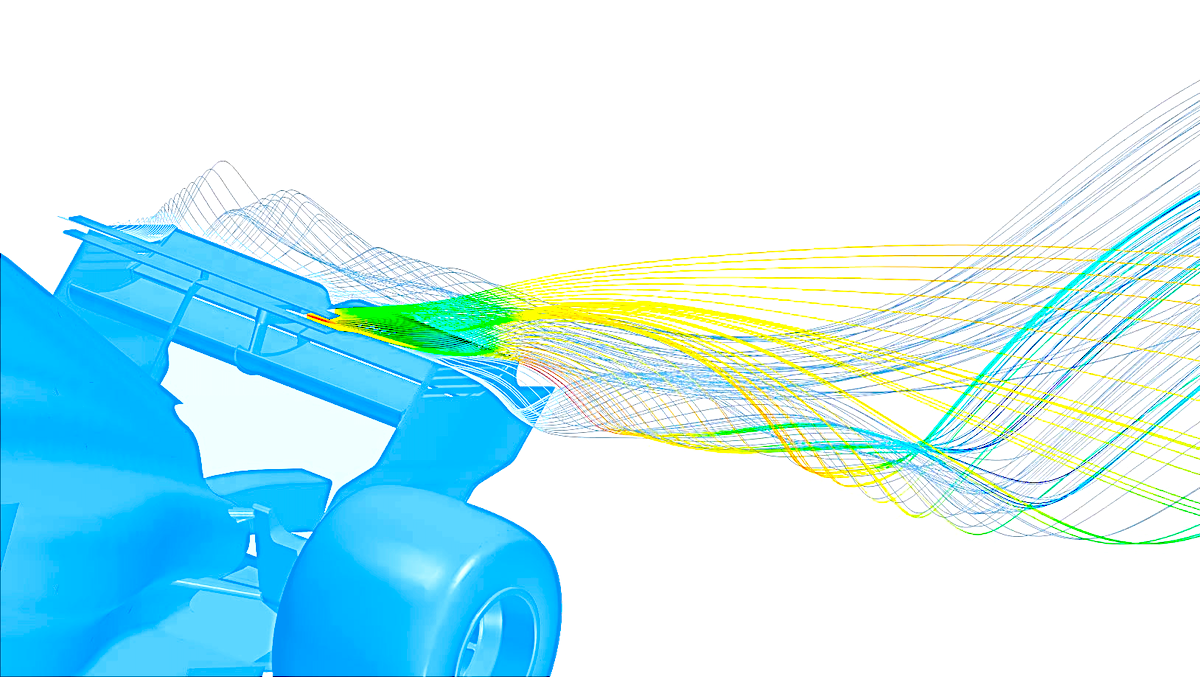Velocity streamlines over an F1 rear wing computed with CFD