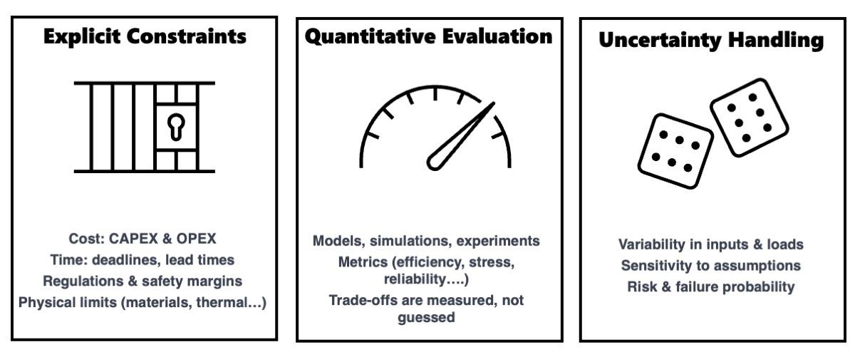 Three defining traits of engineering decision-making: explicit constraints, quantitative evaluation, and uncertainty handling