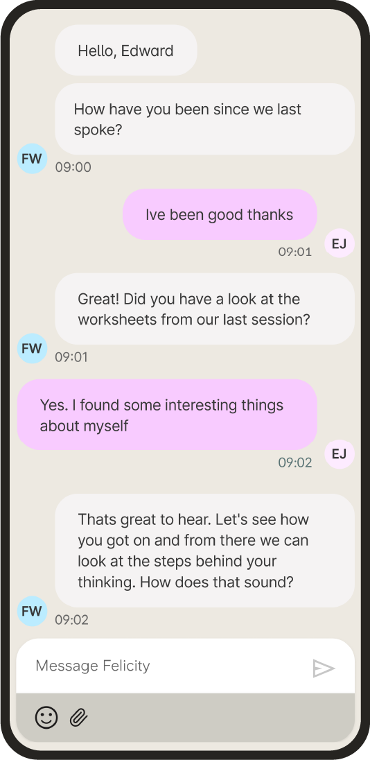 A typed conversation shown on a mobile screen between a patient and clinician. 