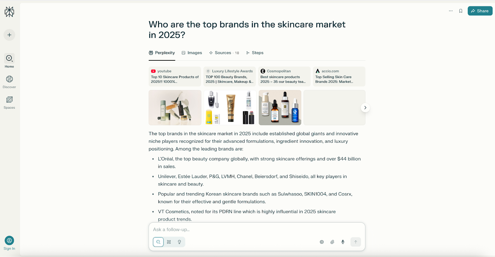 perplexity ai answering a question about skincare market