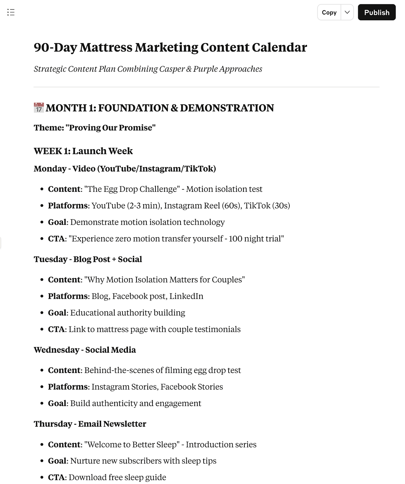 claude marketing content calendar for mattress brand