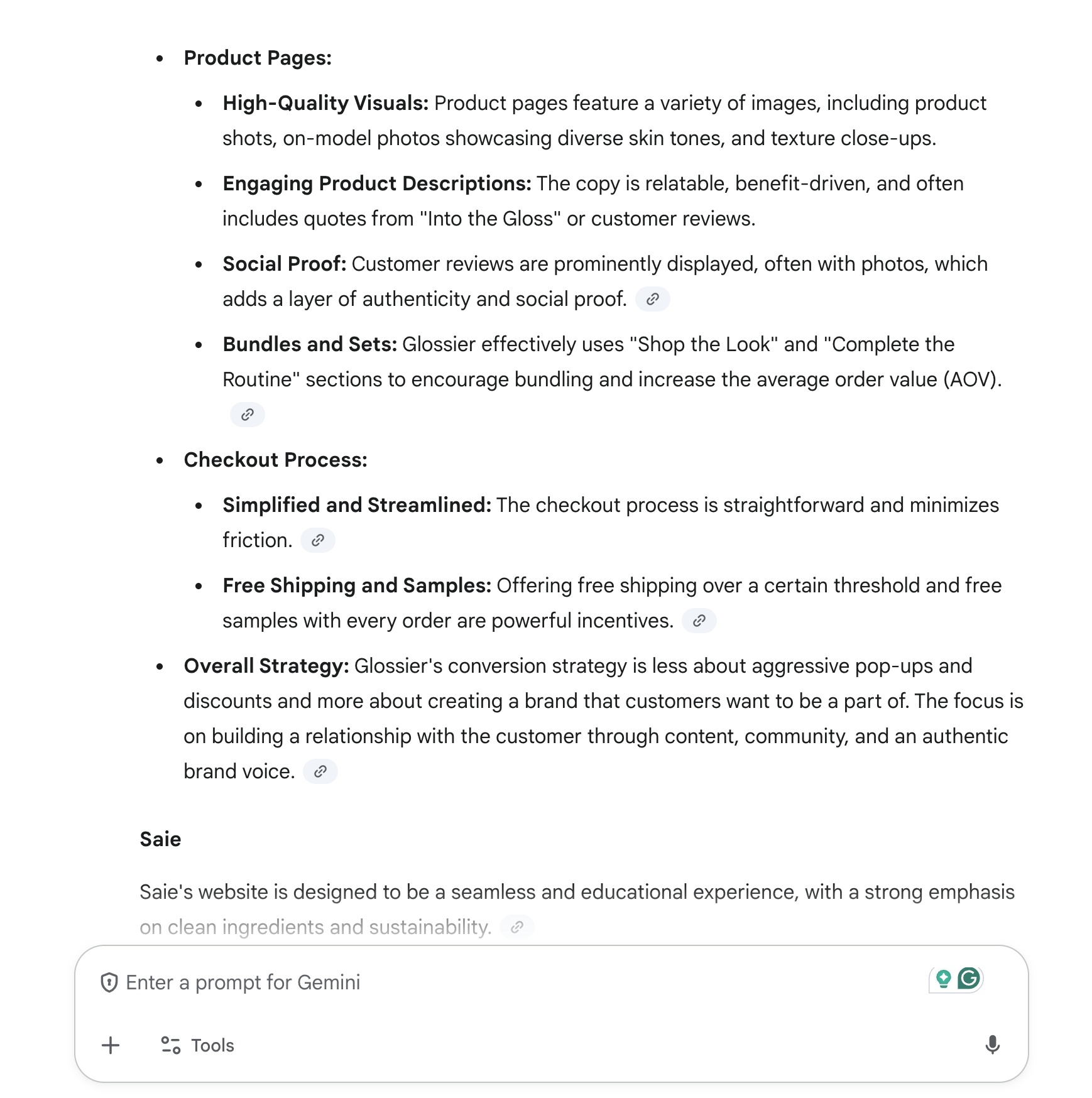 gemini answer analysis of product pages checkout process