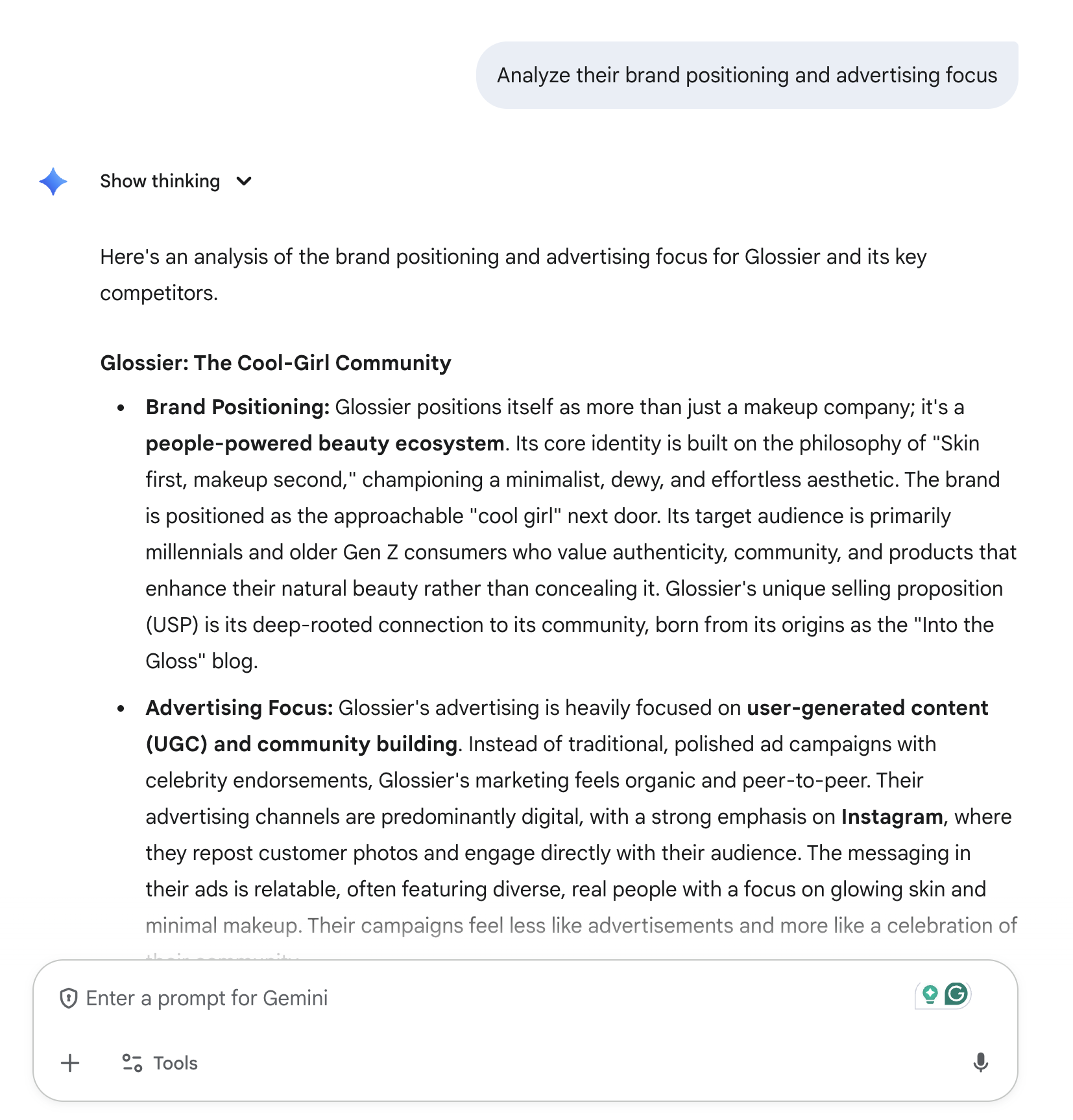 gemini ai analysis of brand positioning and ad focus for glossier