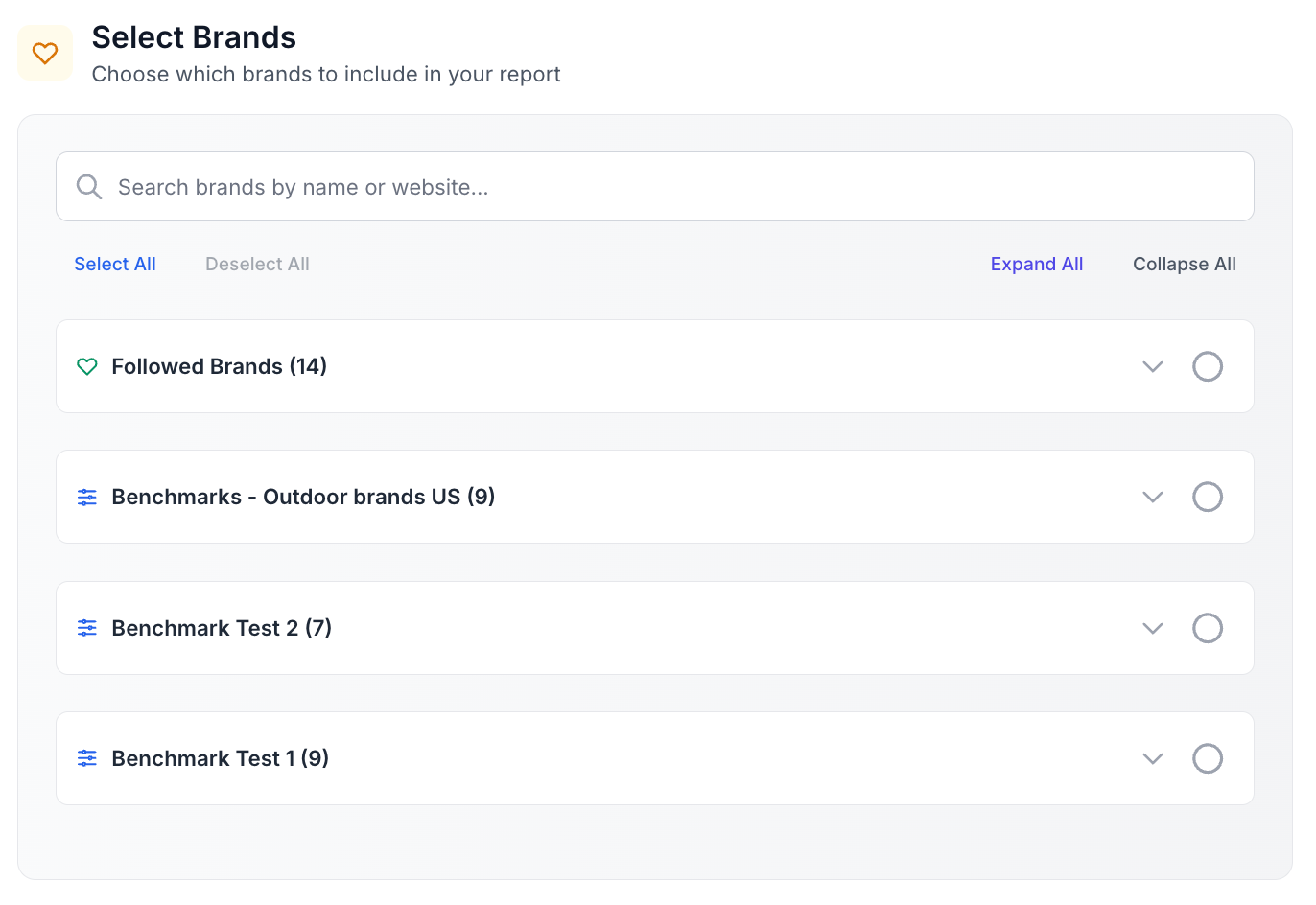 Report setup screen showing selected brands for an automated Ads report.