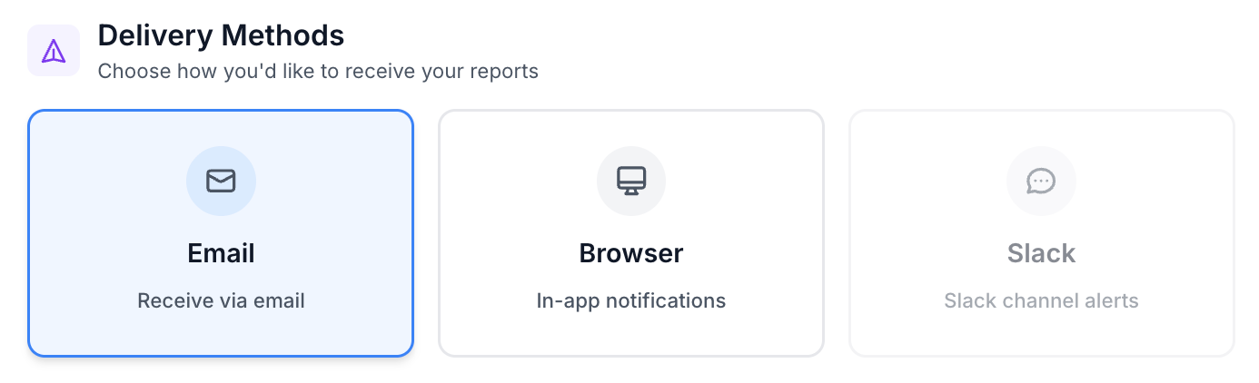 Delivery method settings for choosing how the automated Panoramata report is received.