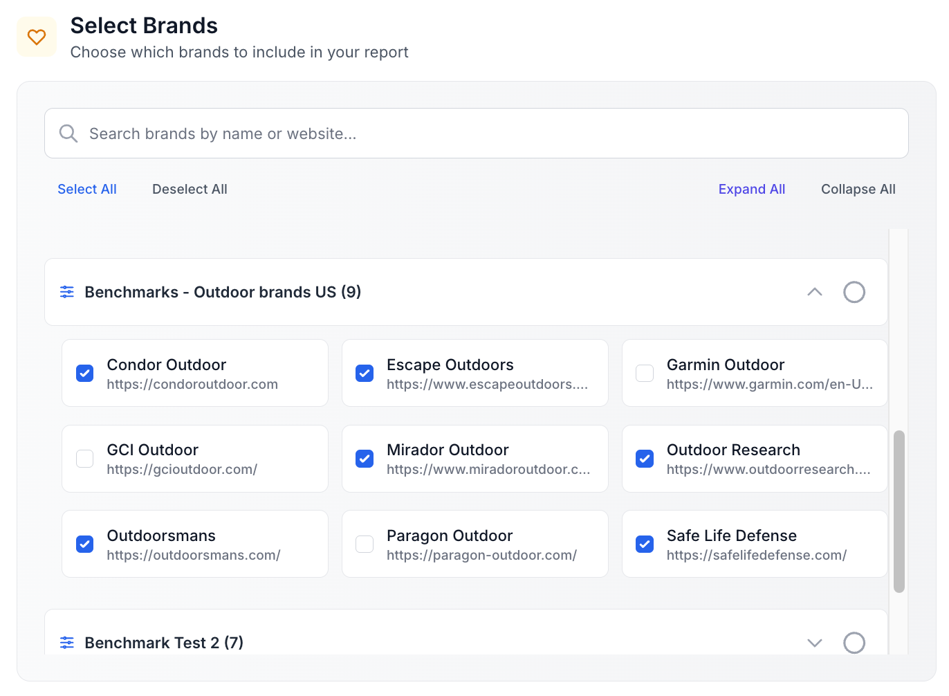Brand selection screen showing how to choose specific brands from followed brands or benchmarks for a report.