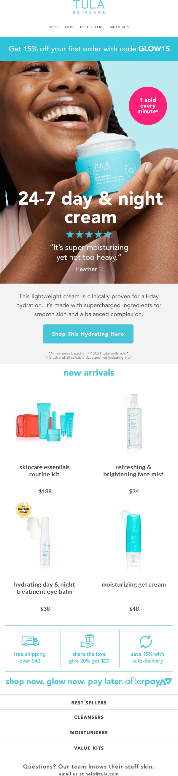 email example Tula Skincare product launch email featuring customer reviews