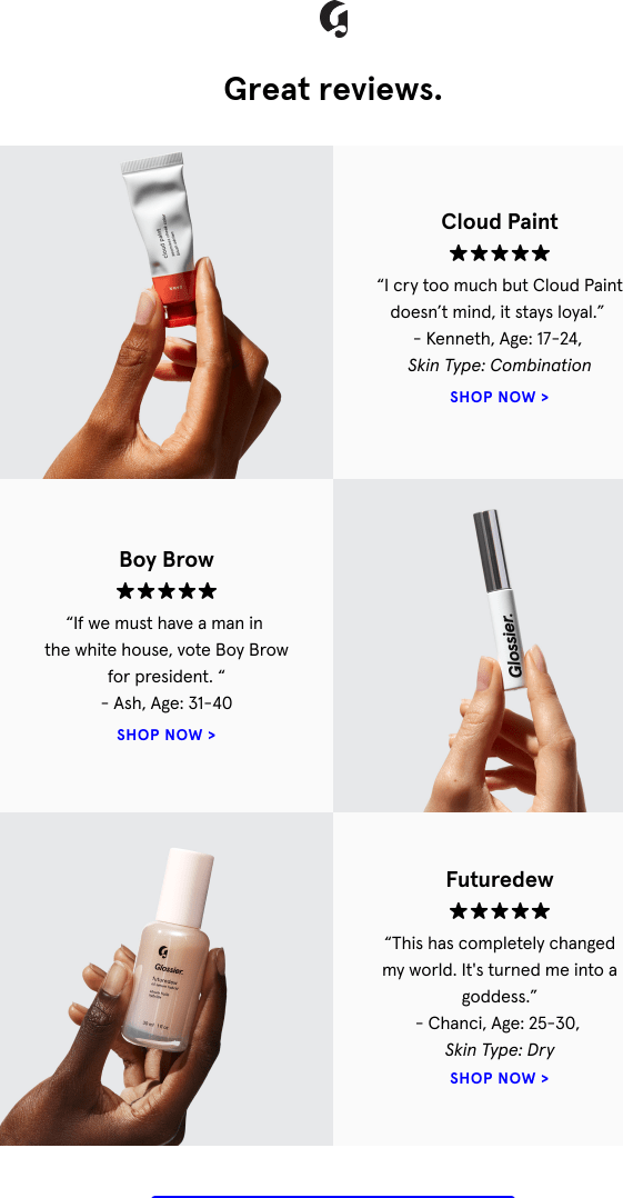 email example Glossier email featuring customer reviews and user-generated content