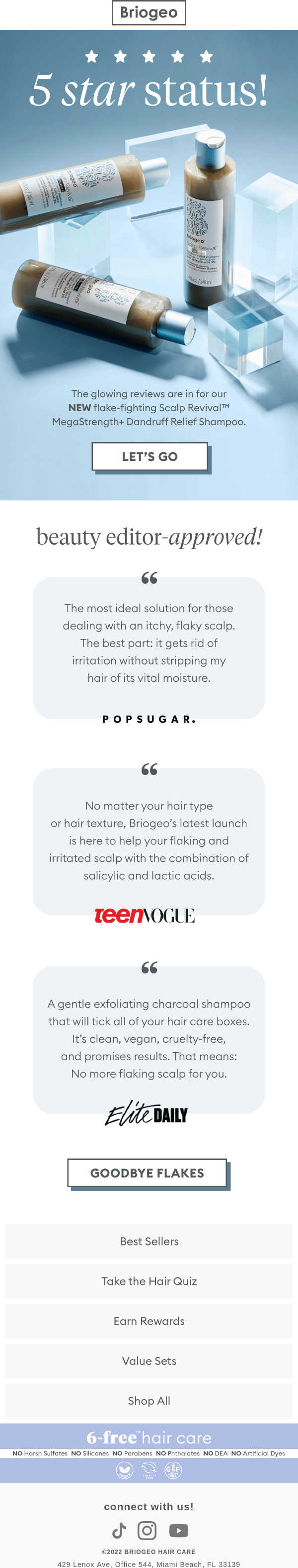 email example BriogeoHair product launch email with stacked testimonials and a Teen Vogue mention