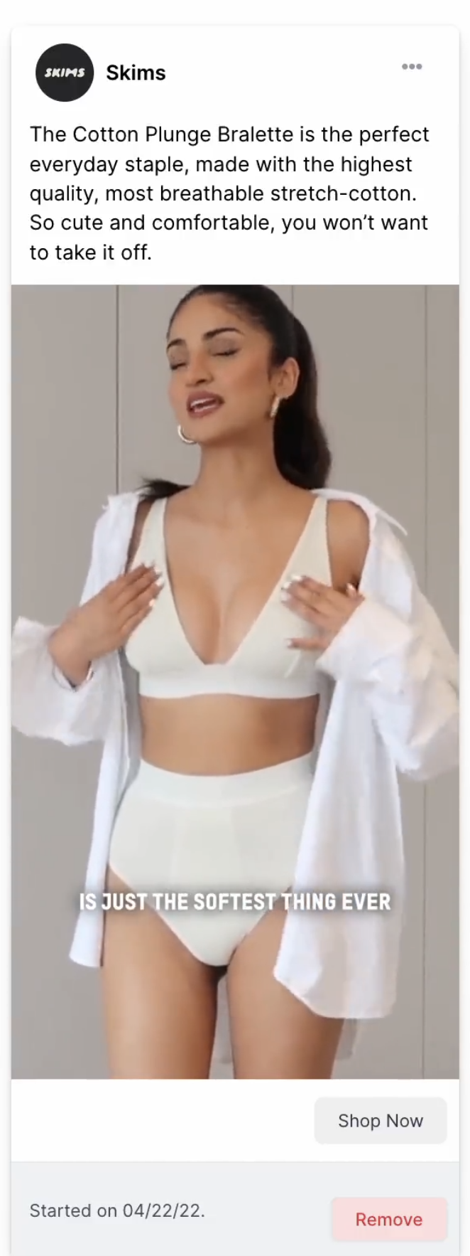 email example Skims Cotton Plunge Bralette ad featuring a real customer recommendation (#FoundOnAmazon)