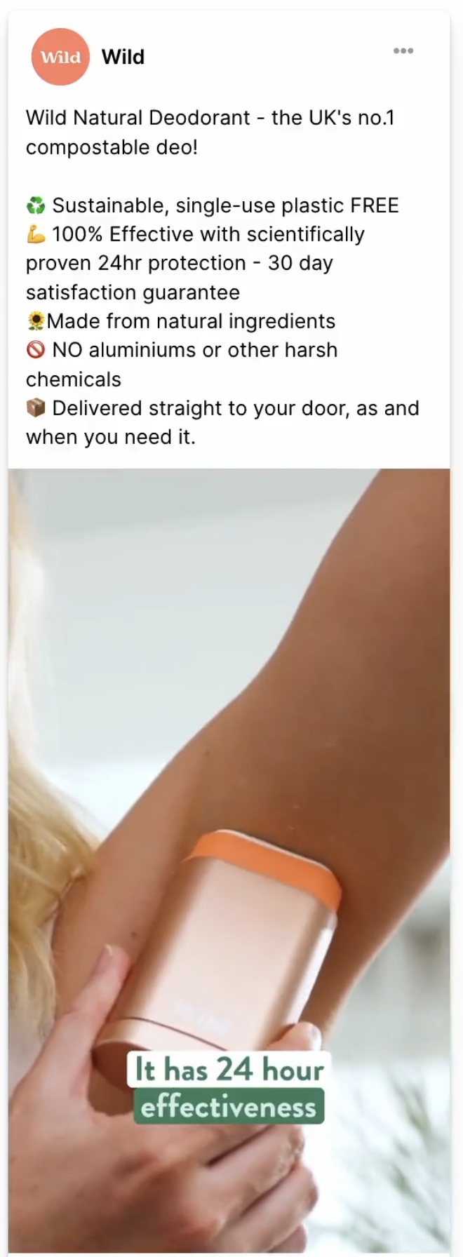 email example Wild Natural Deodorant video ad with a real person reviewing the product on camera