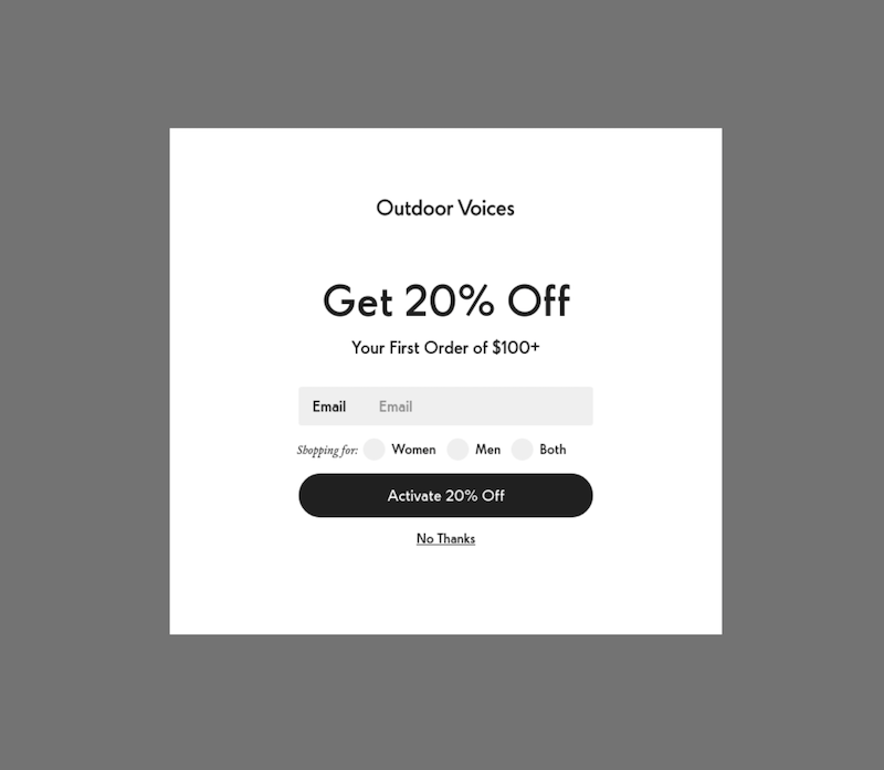 Outdoor Voices lead-generation pop-up offering 20% off with a gender self-selection option
