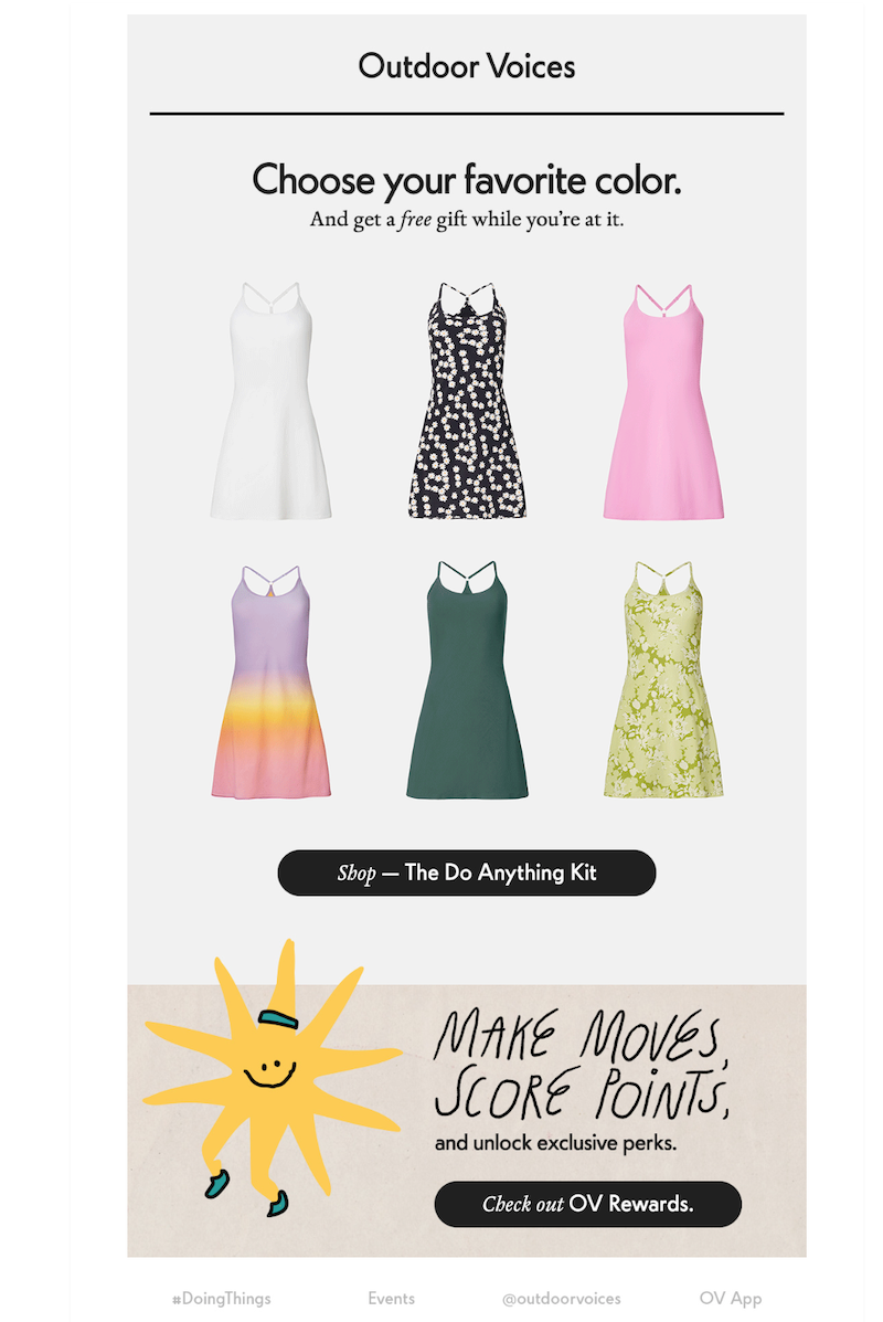 Outdoor Voices email campaign showing animated product graphics