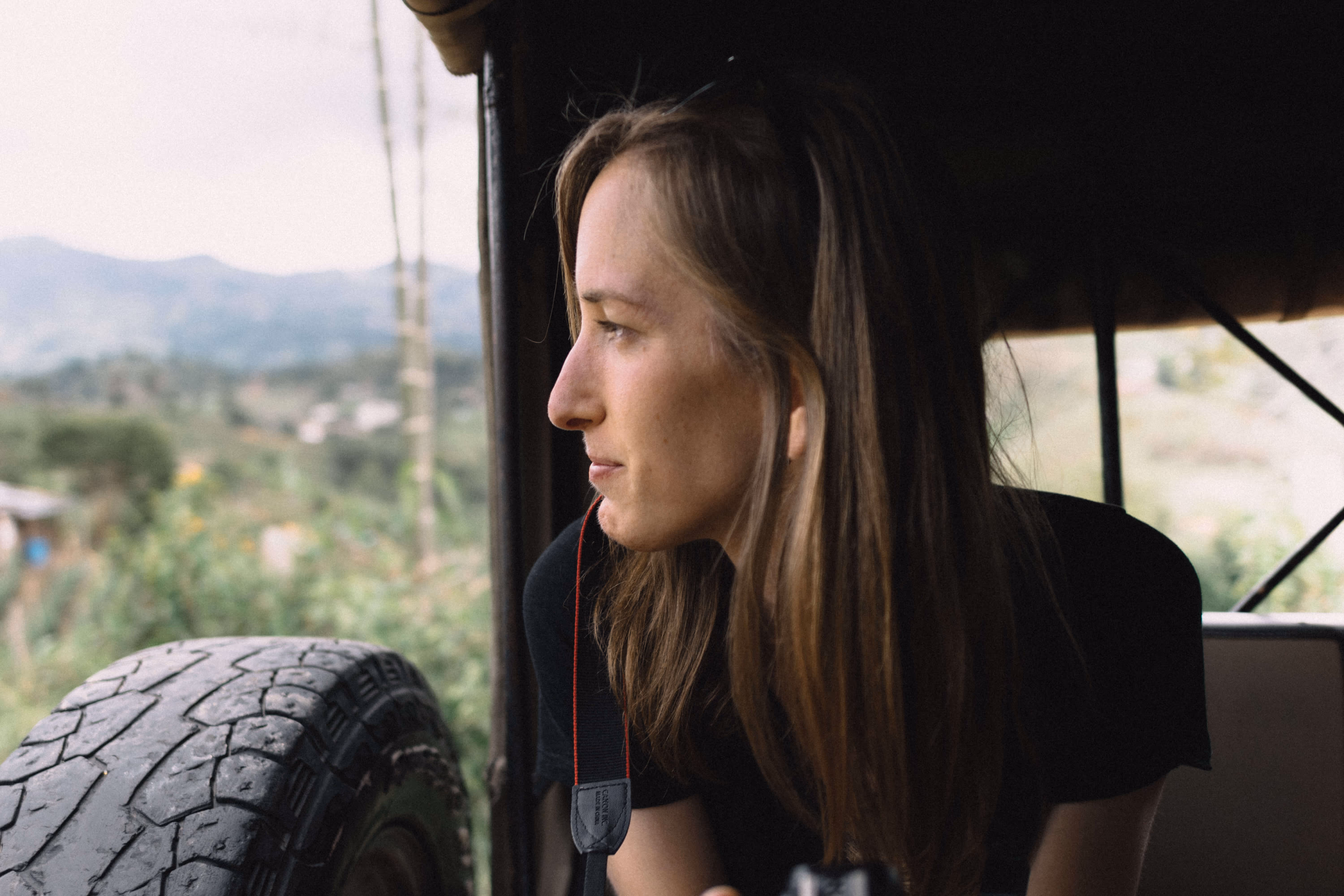 Emily Hopcian looking out the window of a car in Nepal