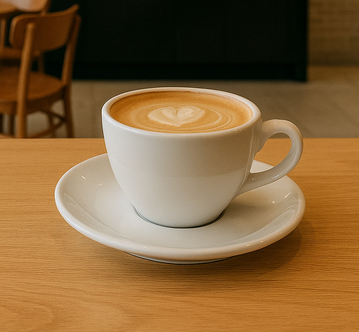 a white mug of cappuccino coffee and green vine market coffee bar in plano