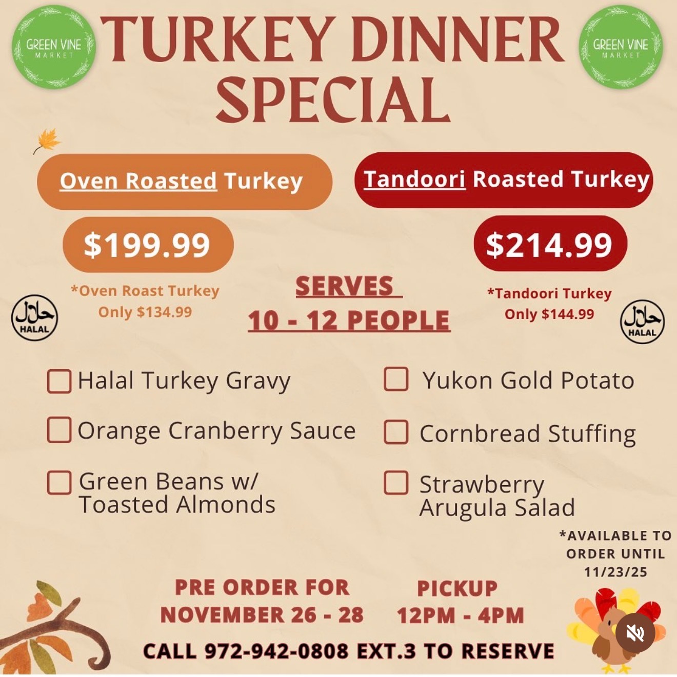 Green vine market's  turkey dinner special flyer