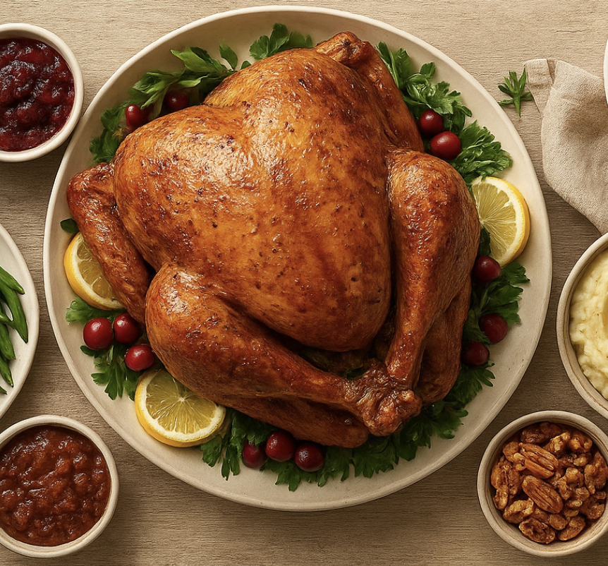 Golden roasted Thanksgiving turkey garnished with lemon slices, cranberries, and parsley, surrounded by classic holiday side dishes like mashed potatoes, green beans, and cranberry sauce.