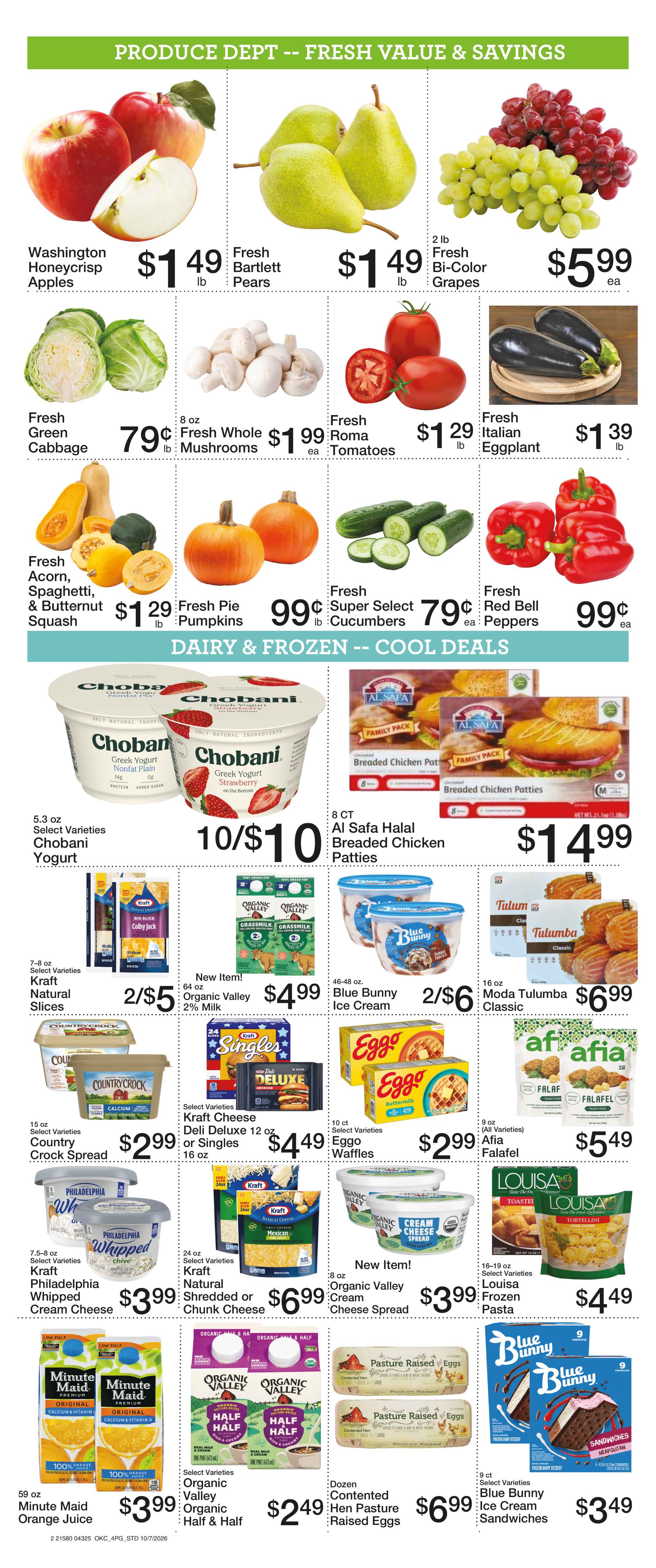 green vine market weekly ad: pudding cups, brownie mix, dole fruit bowls, old orchard juice, kellogs cereal, general mills cereal, dunkin k-cups, ground coffee, kraft mac and cheese, alreef date paste, heinz yellow mustard, alreef olive oil, nabisco snack crackers, ruffles chips