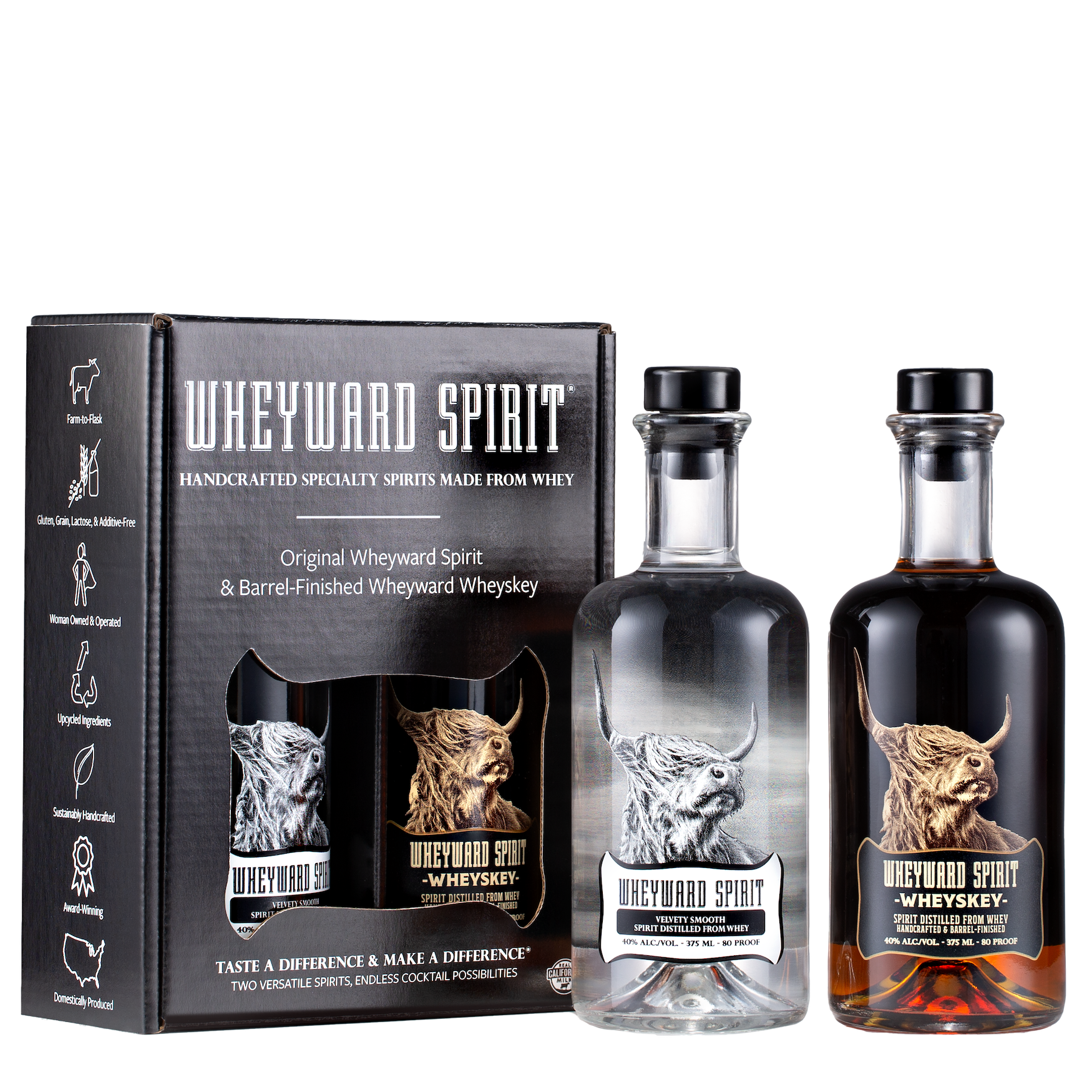 The Spirited Sampler box with 375ml Wheyward Wheyskey and Wheyward Spirit bottles