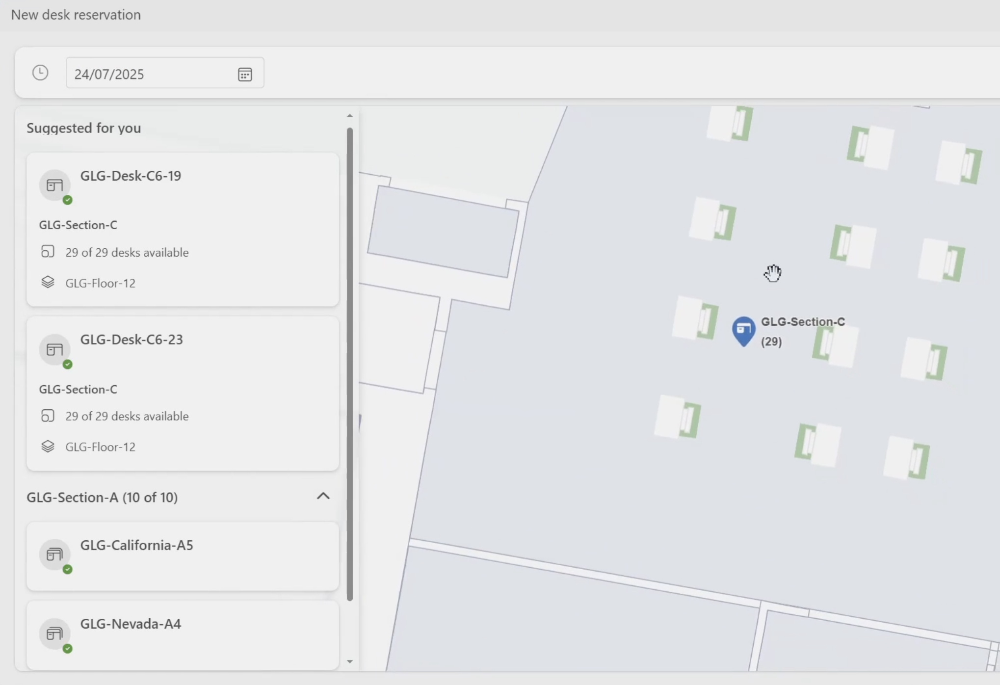A screenshot of Microsoft Places showing correllated desks.