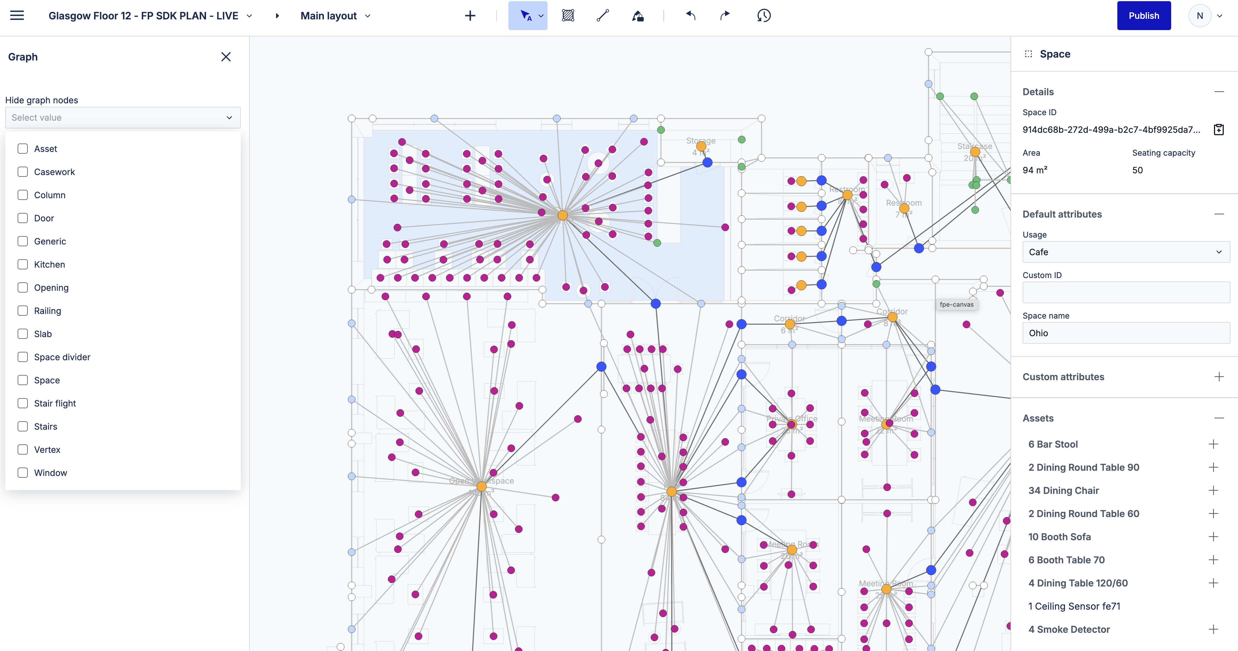 A picture of the Archilogic Editor showing the underlying relationship structure of a space graph floor plan.