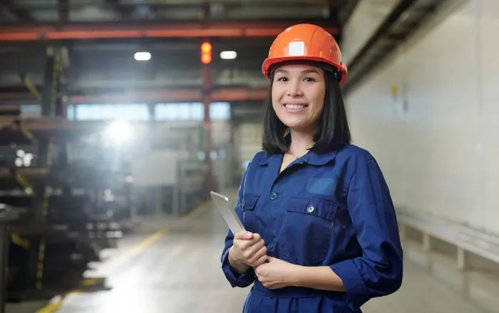 A female employee working in a warehouse holding a tablet