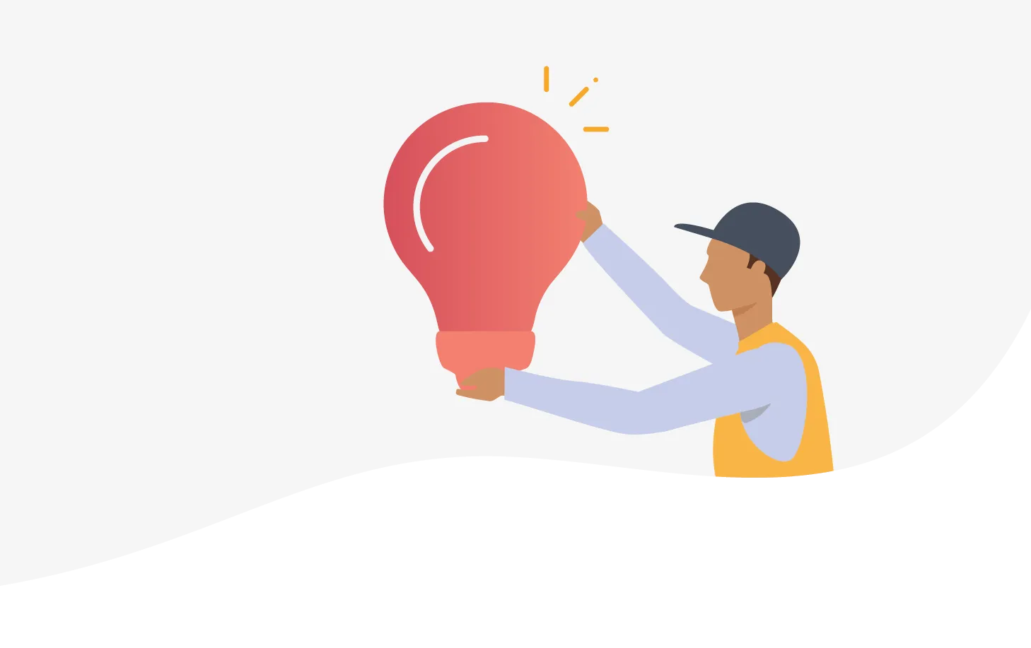 An illustrated faciliites manager wearing a yellow work vest holds up an oversized lightbulb