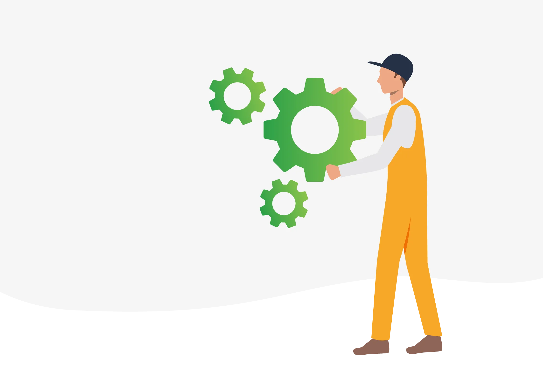 An illustration of a facilities manager in yellow coveralls holding an oversized green gear, turning it to move another two connected gears