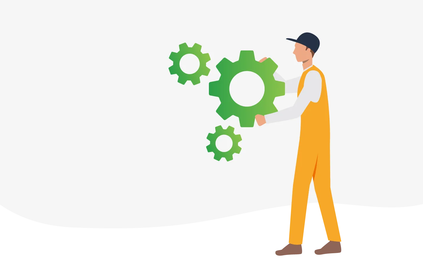An illustration of a facilities manager in yellow coveralls holding an oversized green gear, turning it to move another two connected gears