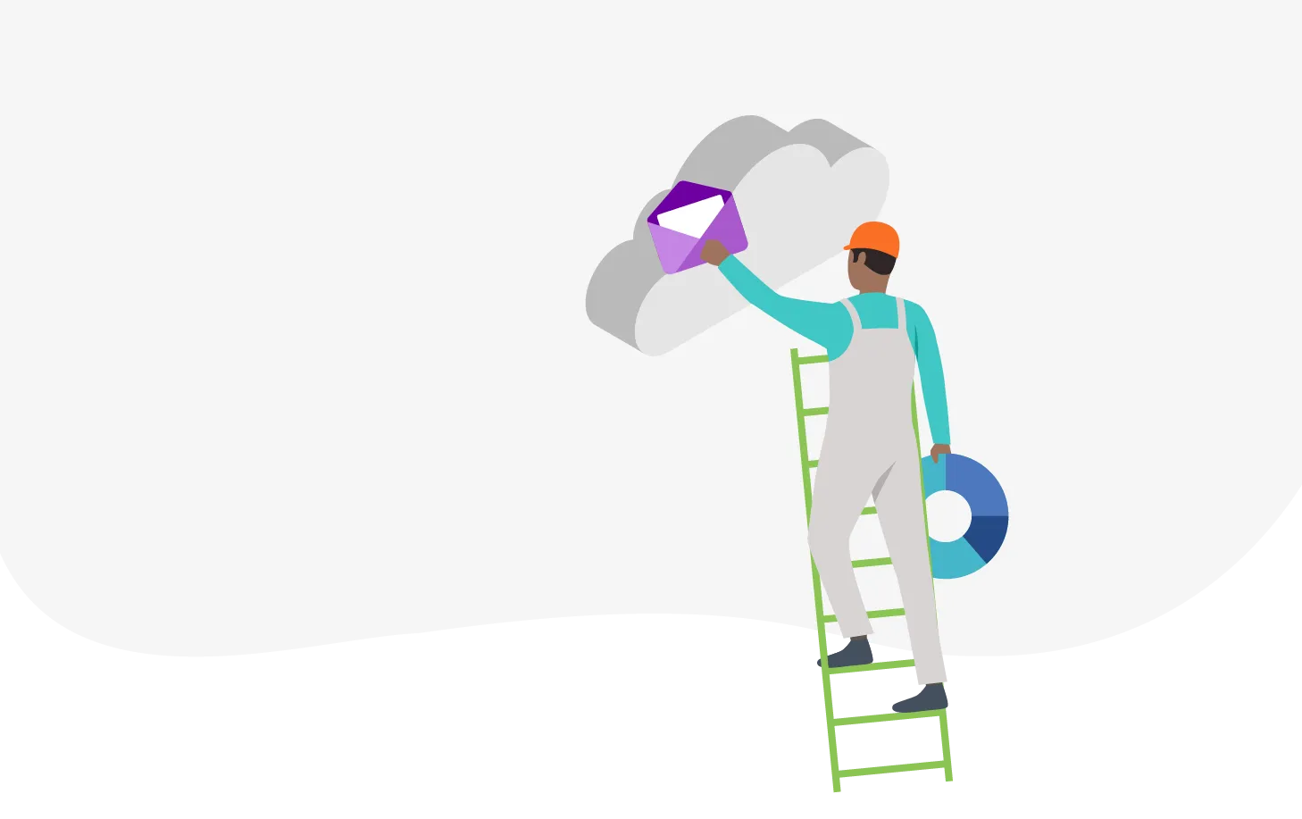 An illustration of a facilities manager in overall climbing a ladder to put stylised graphs and emails into the cloud