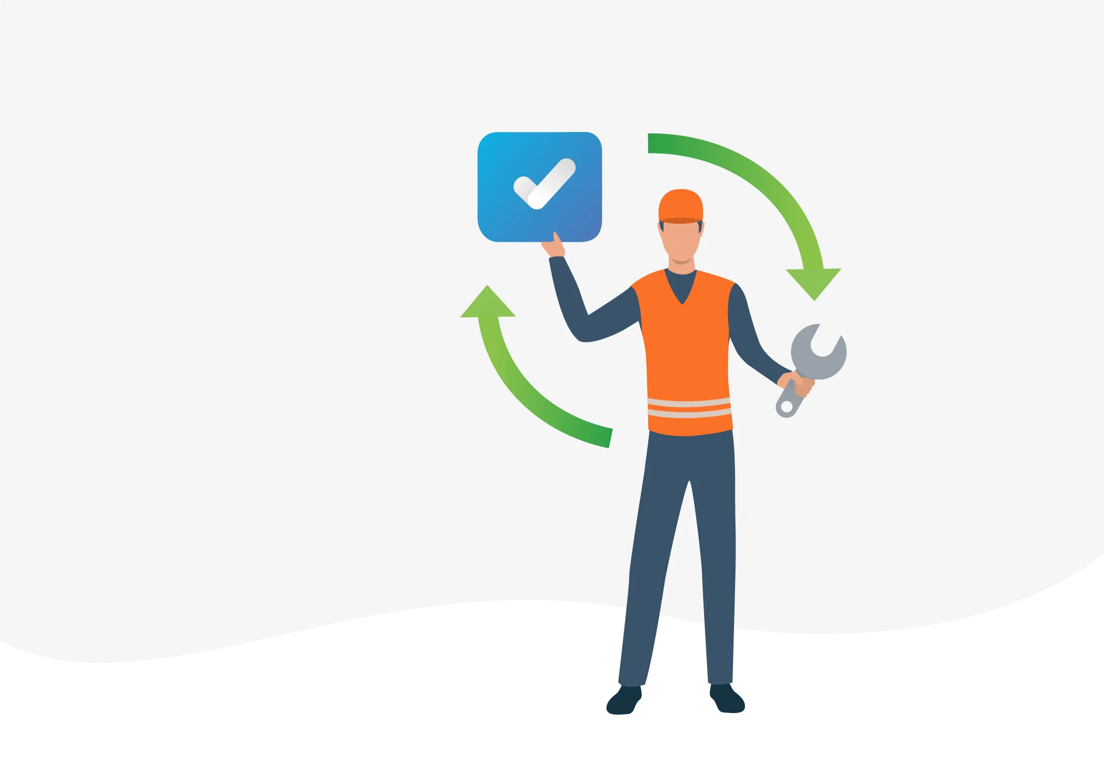 An illustration of a facilities manager holding a spanner, and a verification tick, showing a closed loop