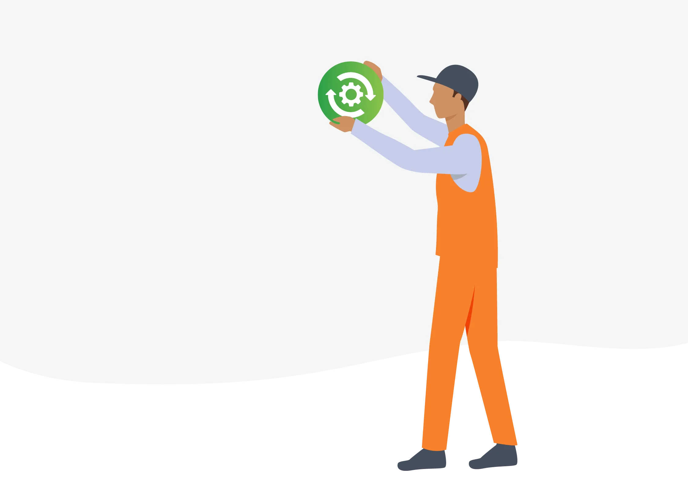 illustration of a facilities manager in orange overalls changing a green gear