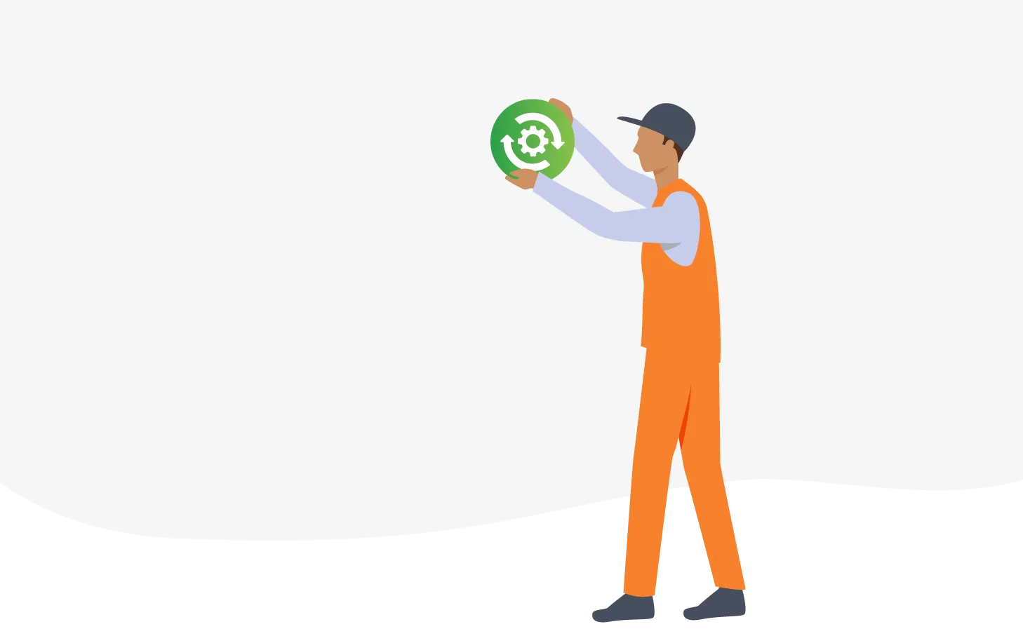 An illustration of a facilities manager in orange coveralls turning a green disc with an image of a gear, and two arrows showing a clockwise motion