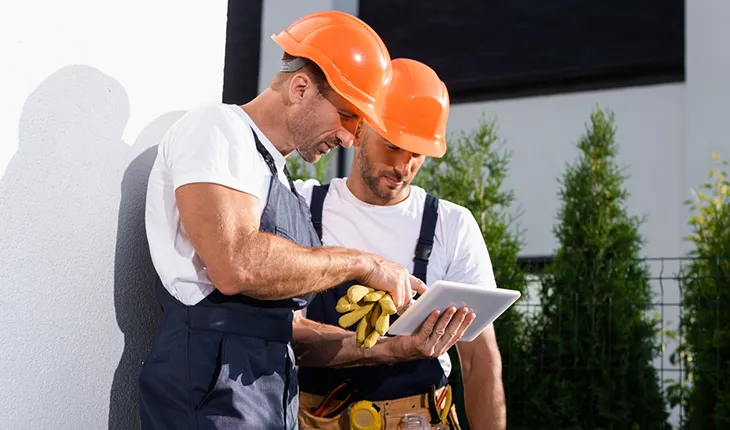 two contractors in hard hats look at information on a tablet device